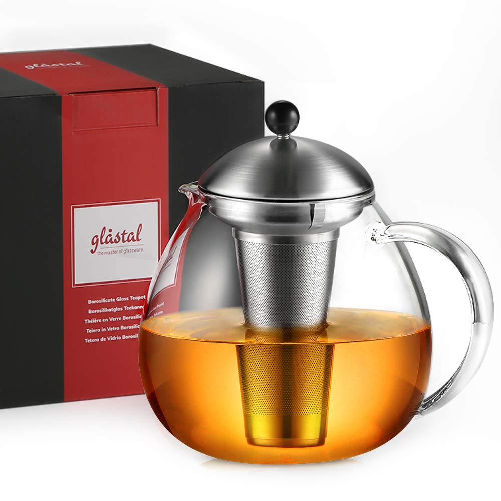 glastal Glas Silberne Teekanne 1500ml mit 18/8 Edelstahl Teesieb Borosilicate Glas Teebereiter Glask