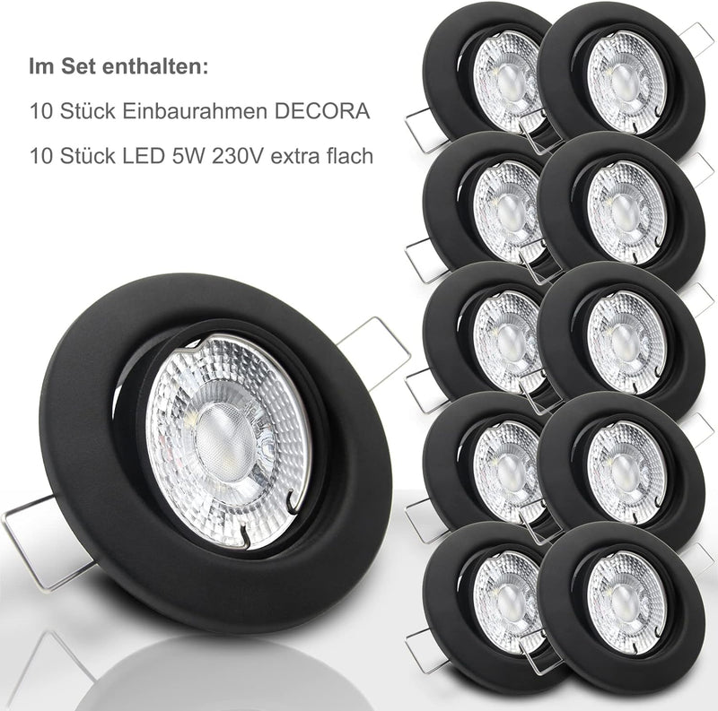 trendlights24 Decora Decken Einbaustrahler flach 35 mm 230V 10er Set - LED Spots je 5W Warmweiss 400