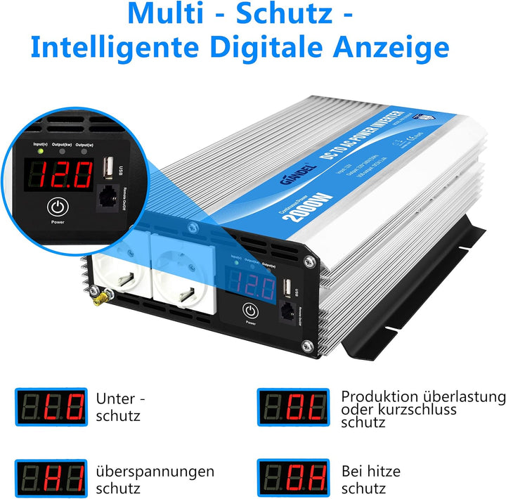 GIANDEL 2000W Modifizierter Welle Wechselrichter 12V auf 230V Spannungswandler Kompatibel Lithium-Ba