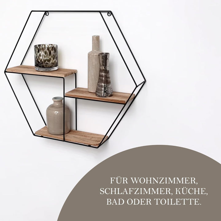 Vivol Metall Wandregal Schwarz mit 3 Holzböden - Sechseck - 48x55x10 cm - Hängend Metallregal - Wand