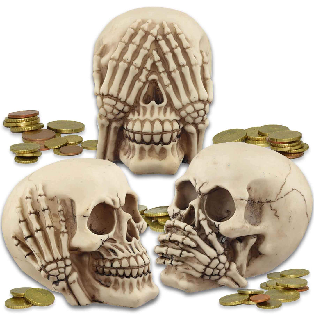 Deko Totenkopf Spardose ''Nichts Hören, Nichts sehen, Nichts Sagen'' - Set aus 3 Totenschädeln - Höh