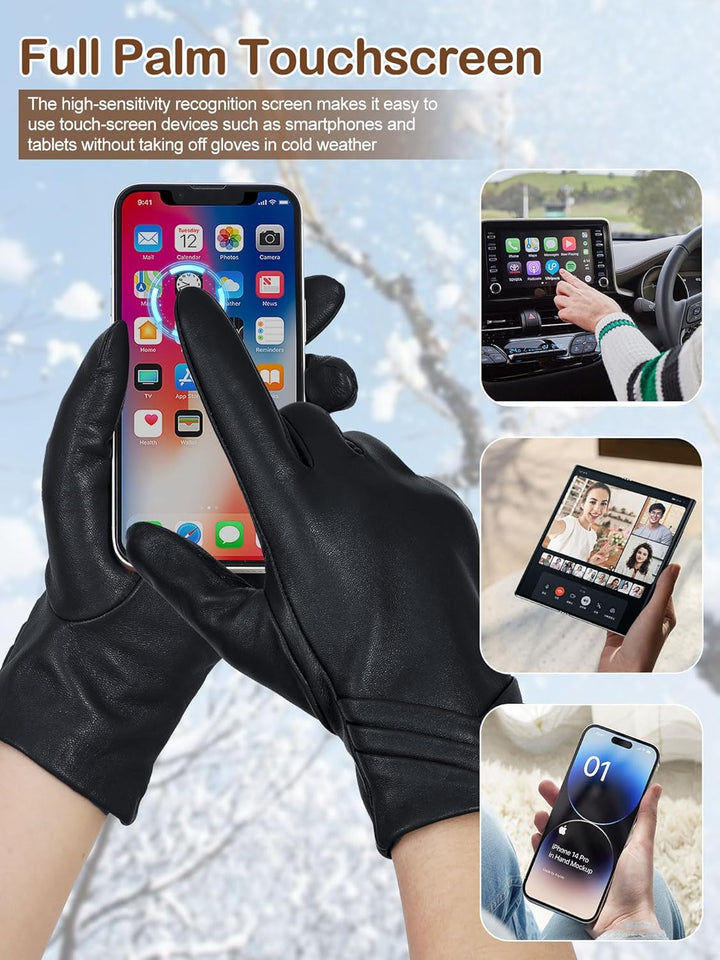 GSG SINCE 1998 Echtes Lammfell Lederhandschuhe für Damen Warm Gefütterte Touchscreen Winterhandschuh