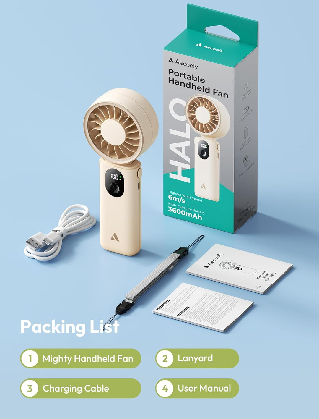 Aecooly 3-in-1 Handventilator | Max. 20 Stunden Laufzeit | 5 Windstufen mit LED-Anzeige | USB-wieder