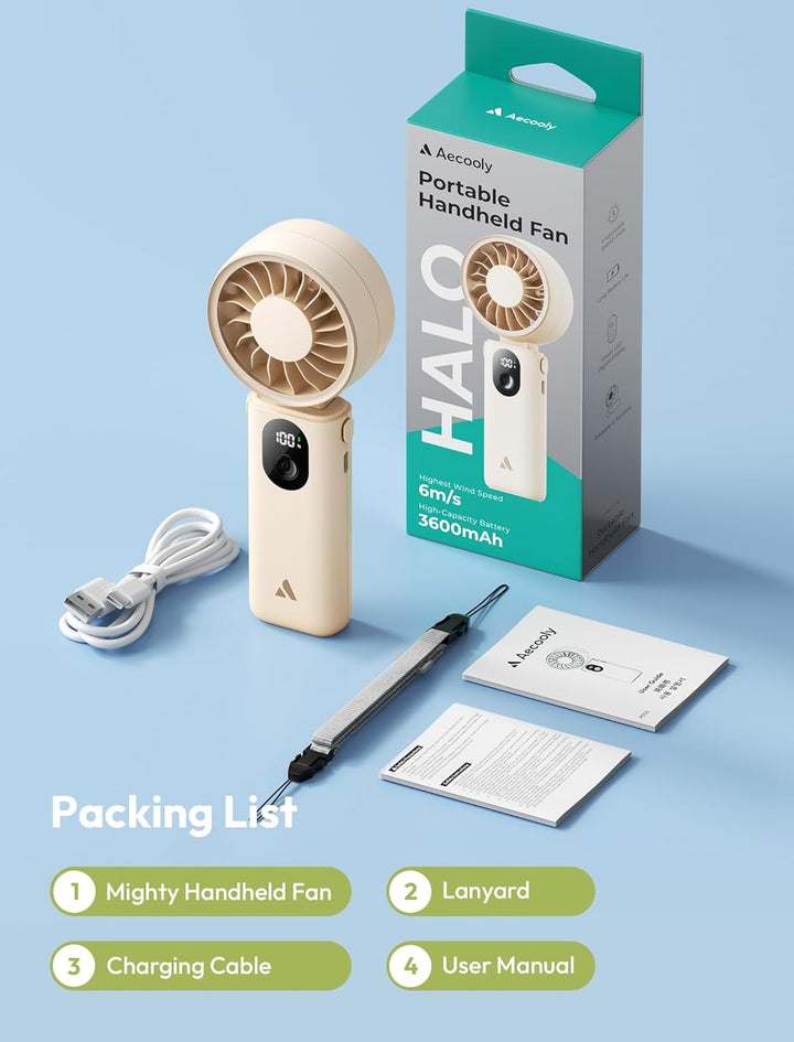 Aecooly 3-in-1 Handventilator | Max. 20 Stunden Laufzeit | 5 Windstufen mit LED-Anzeige | USB-wieder