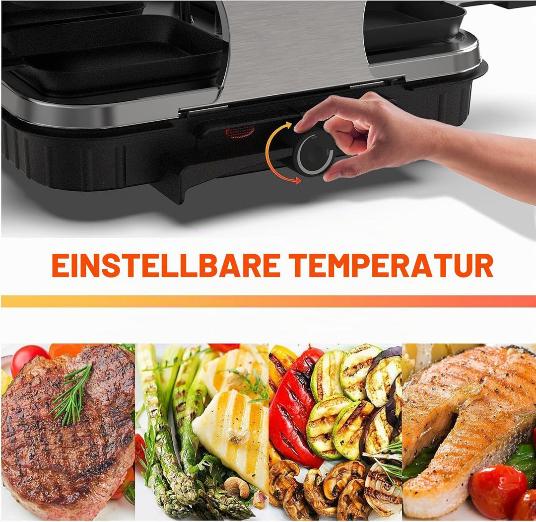 HengBO Raclette Grill für 8 Personen mit 8 Antihaft-Pfännchen, Stufenlos Verstellbare Grillplatte, E