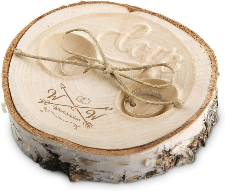 Hochzeit Ringkissen Love Birkenscheibe Gravur individuell ca. 11 cm Durchmesser - Liebespfeil, Liebe