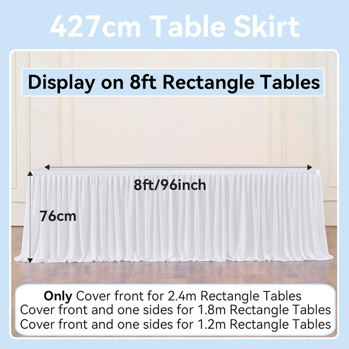 NSSONBEN 244cm White Polyester Table Skirts for Rectangle Tables, Wrinkle Free Ruffle Pleats Cloth T