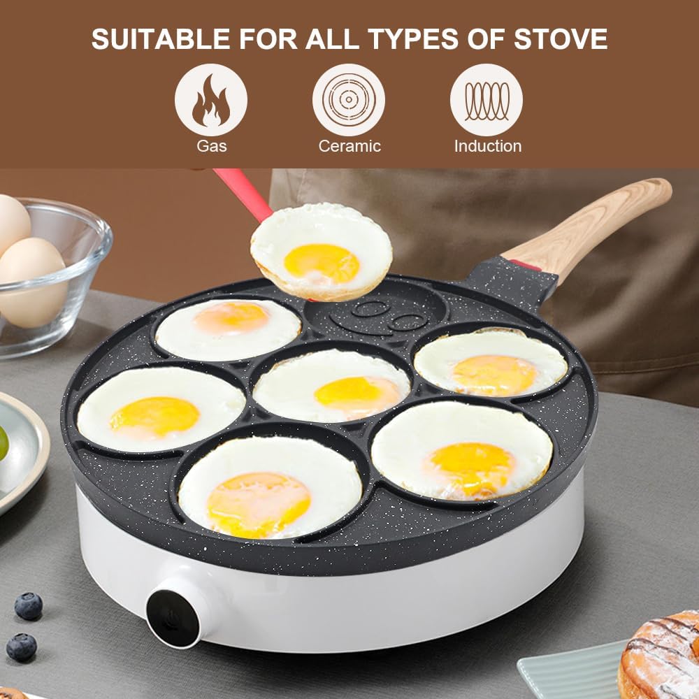 Bobikuke Pancake Pfanne Induktion, Antihaft Pancake Maker 7 Löcher mit Smiley-Gesichtern Spiegelei-P