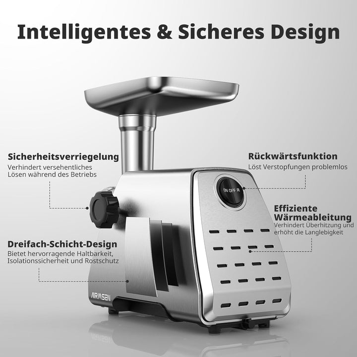 AIRMSEN Elektrischer Fleischwolf mit Wurstfüller, 2 Edelstahlklingen, 3 Mahlplatten und Kubbe-Zubehö