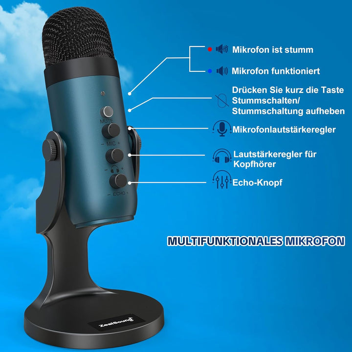 zealsound Mikrofon PC, USB Kondensatormikrofon Gaming für Mac Handy, PS4/5, Studio Mikrofone mit Stu