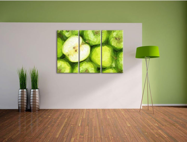 Pixxprint Grüne Äpfel als Leinwandbild/Grösse: 3 Teilig (120x80) cm/Wandbild/Kunstdruck/fertig bespa