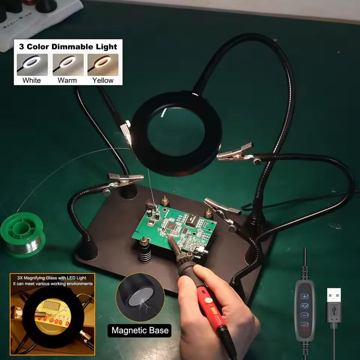Dritte Hand Löten, Löthilfe Dritte Hand, 5-Facher Lupe und Verstellbarem Licht mit 4 Pcb-Säulen und