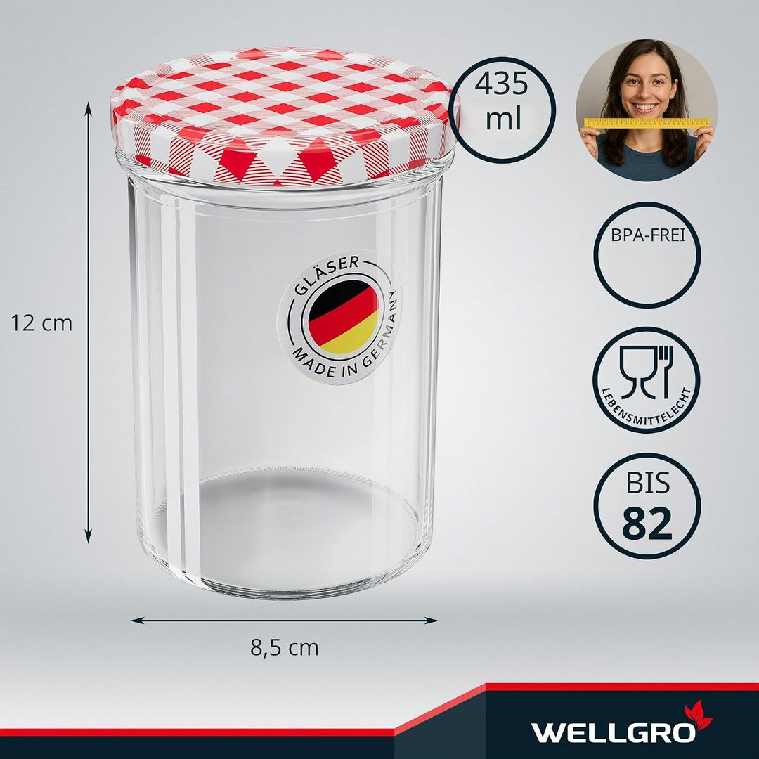WELLGRO 100x Einmachgläser mit Schraubdeckel - 435 ml, 8,5 x 12 cm (ØxH), Glas/Metall, rot karierte