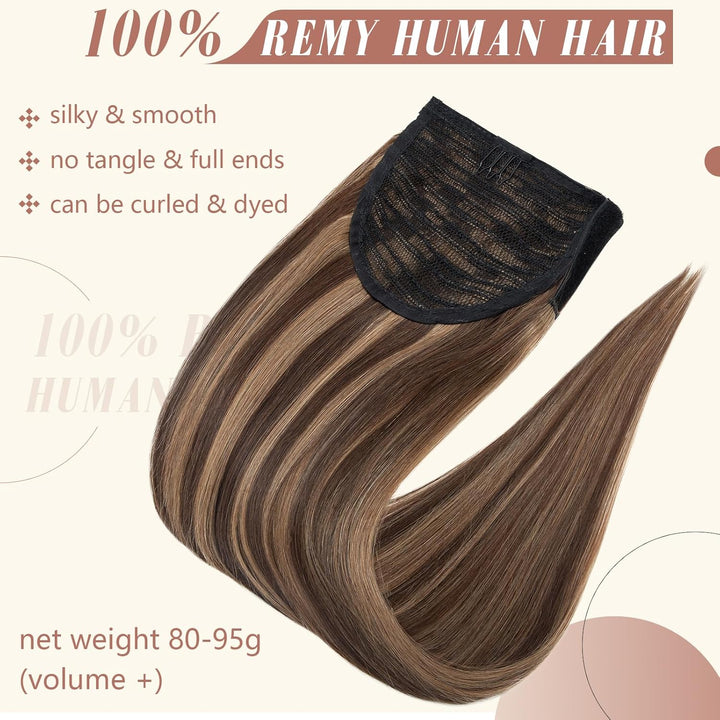 Elailite Ponytail Extension Echthaar #4P27 Mittelbraun/Honigblond, Haarverlängerung Zopf Haarzopf Pf