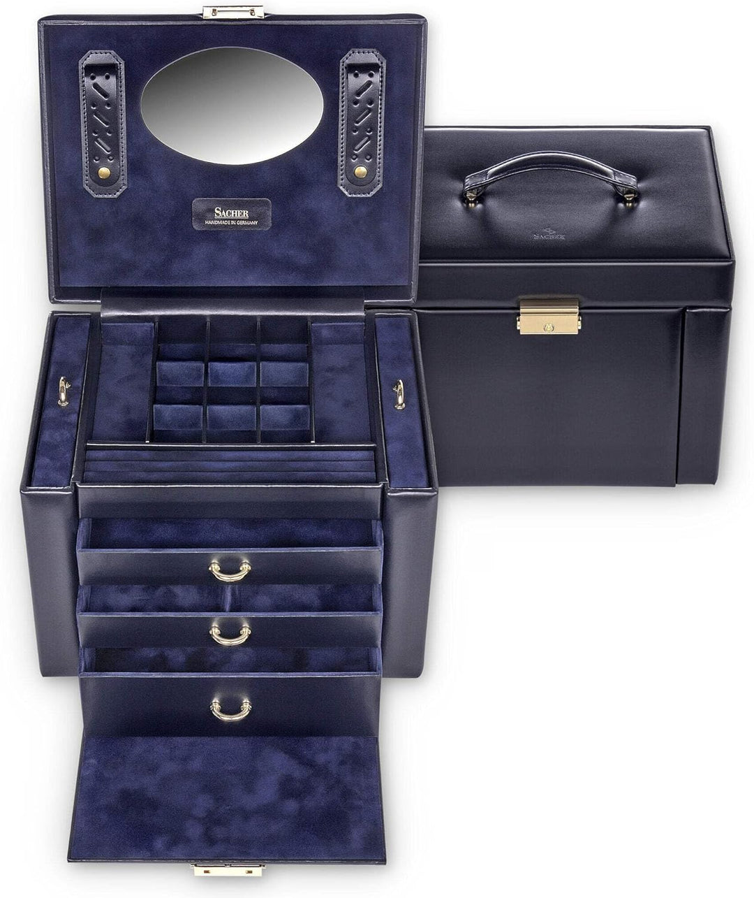 SACHER Schmuckkasten Marta - Handmade in Germany - Breite 27 cm (navy | acuro | Leder), Navy | Acuro