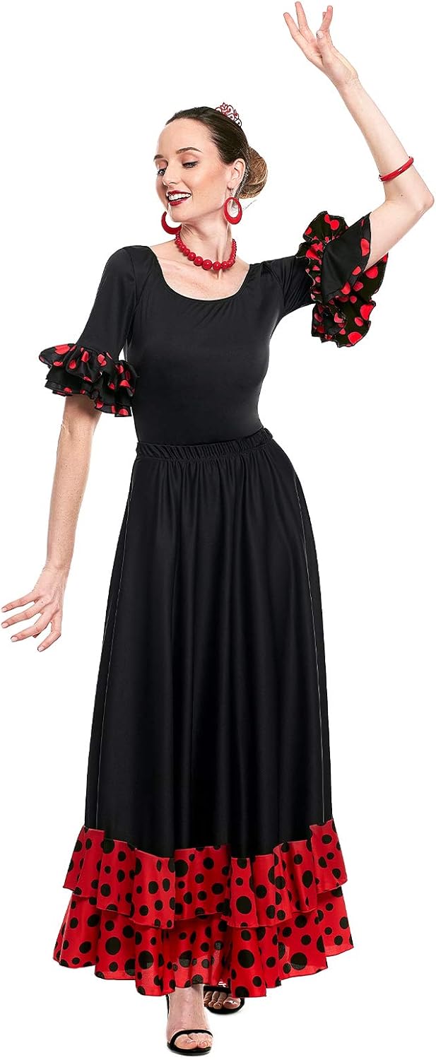 Flamenca-Rock für Damen, gepunktet, Volant, zweifarbig, Erwachsenengrössen: S bis XXL, rot, schwarz,