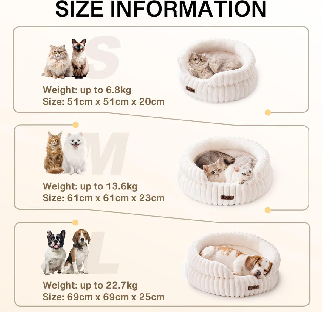 EDAGNY Stilvolle Rundes Katzenbetten Weiches Welpenbett Angstlösend Creme S Creme L 51 x B 51 x H 20