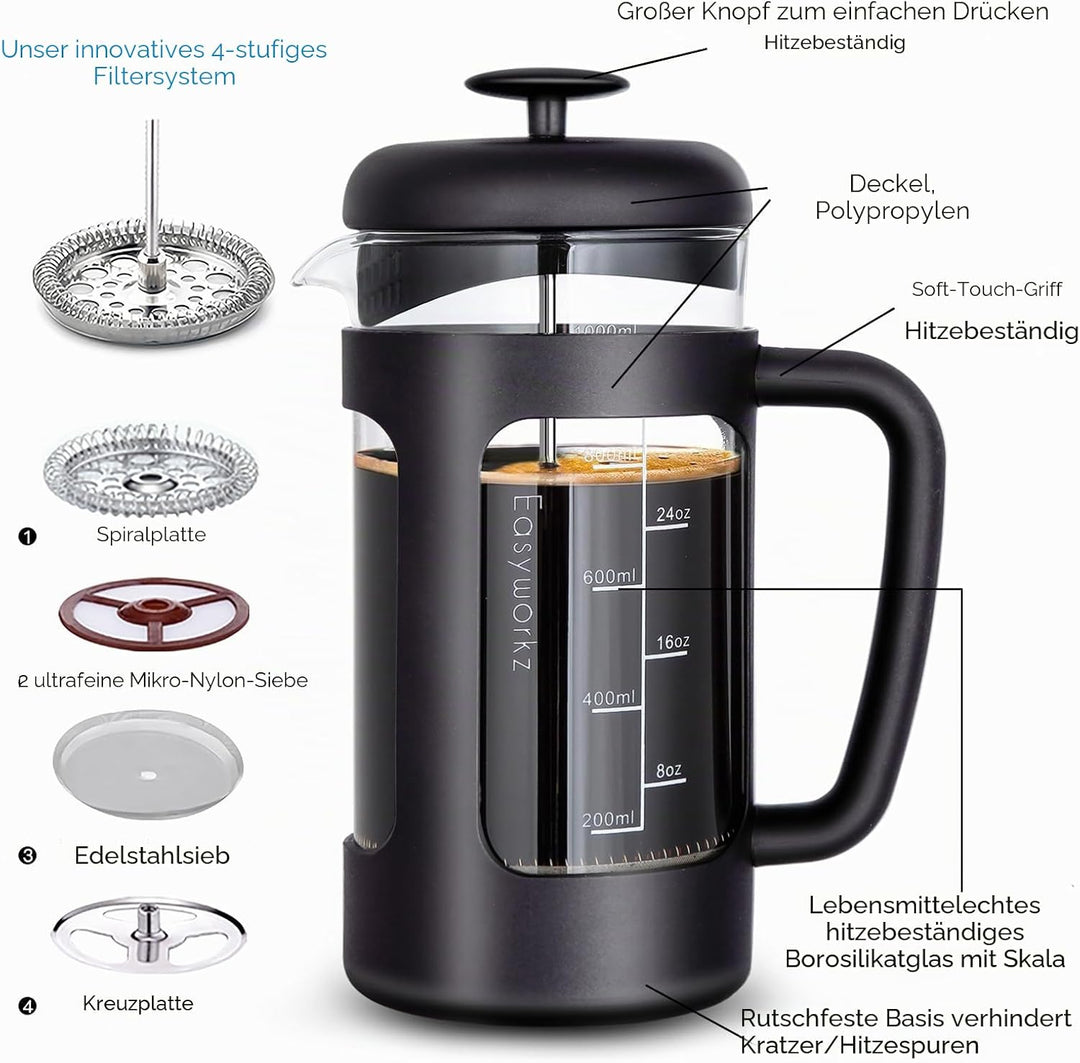 Easyworkz French Press 1000 ml Kaffeebereiter Kaffeepresse mit Borosilikatglas,rutschfester weicher