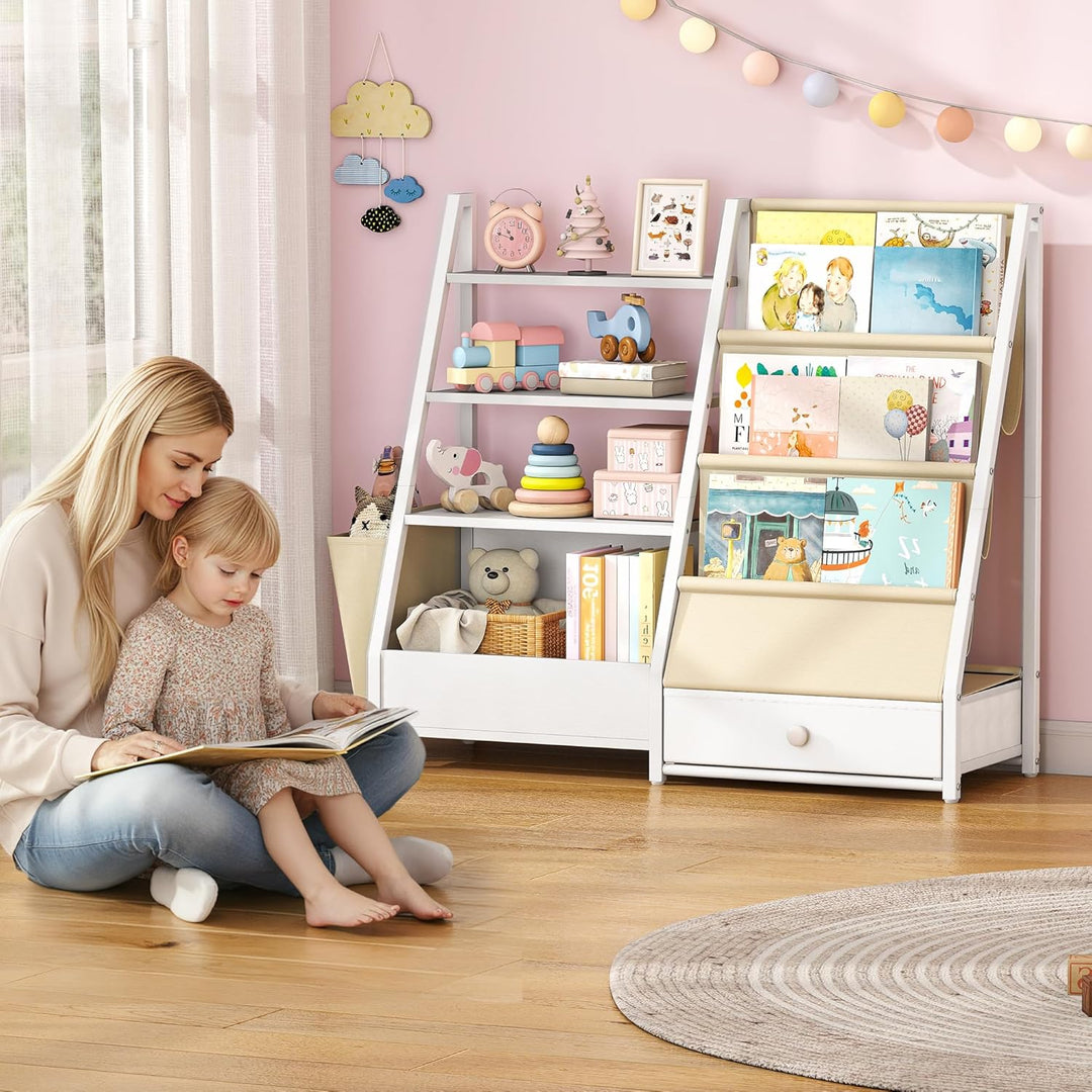 Quikraen Bücherregal Kinder, Kinderregal mit 4 Ablage und 3 Offenen Fächern, Montessori Bücherregal,