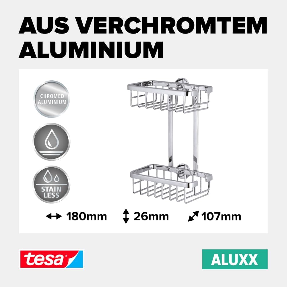 tesa ALUXX Duschregal ohne Bohren, Aluminium, verchromt, rostfrei, zweistöckig, inkl. Klebelösung, 1