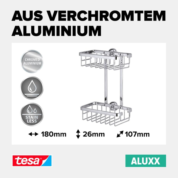 tesa ALUXX Duschregal ohne Bohren, Aluminium, verchromt, rostfrei, zweistöckig, inkl. Klebelösung, 1