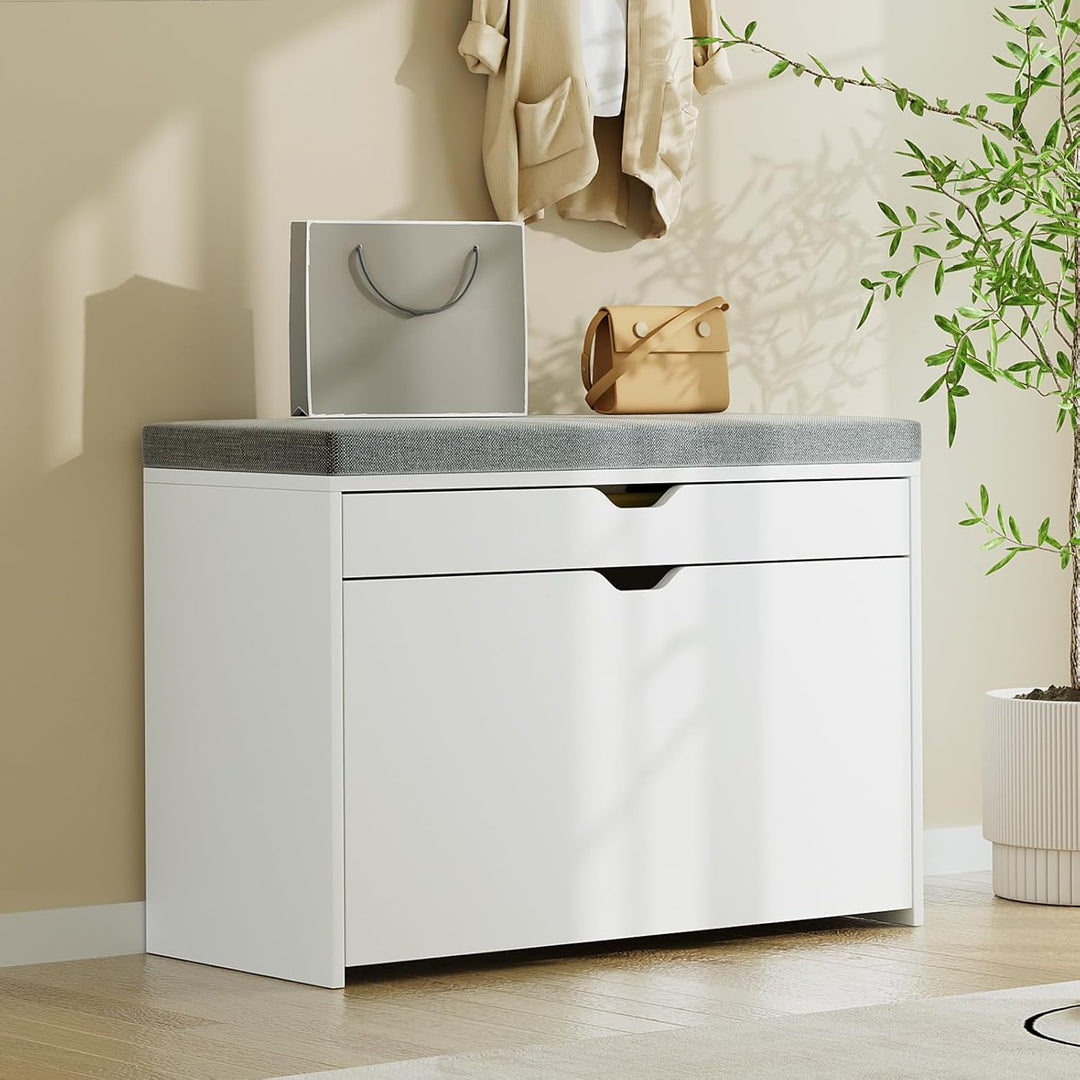 VOWNER Schuhschrank mit Klappen, Schuhregal Schuhkipper Schmal, Sitzbank mit Sitzkissen, Verstellbar