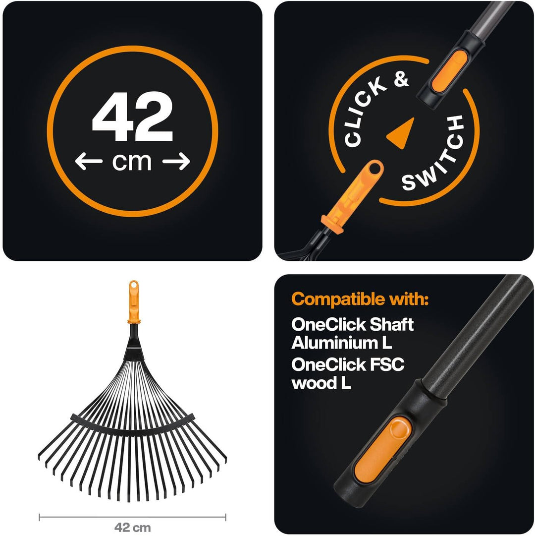 Fiskars OneClick Metall-Fächerbesen, Robuster Rasenrechen-Aufsatz zum Entfernen von Moos und Rasenfi