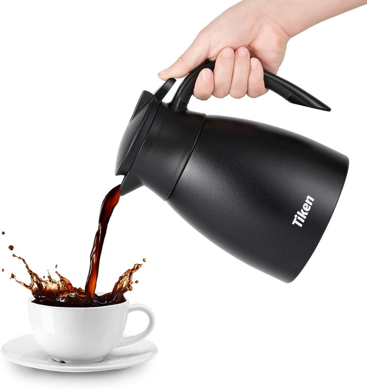 Tiken 1L Thermoskanne Edelstahl Doppelwandige Vakuumisolierung Isolierkanne Kaffeekanne Schwarz Schw