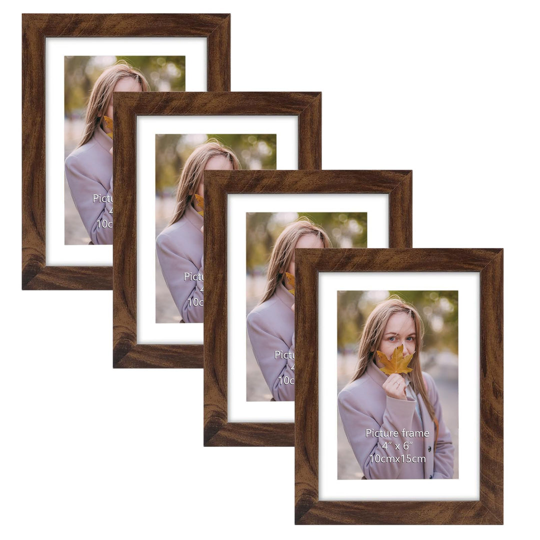 EXYGLO 4er-Set Bilderrahmen 10x15 CM, Braune Rustikale Fotorahmen für 15x10 Fotos mit Passepartouts
