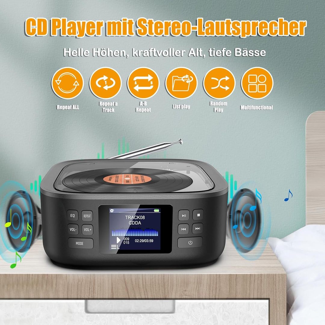 CD Player Tragbar, CCHKFEI Boombox CD Player Bluetooth & Radio FM mit Dual Stereo Lautsprecher LED-B