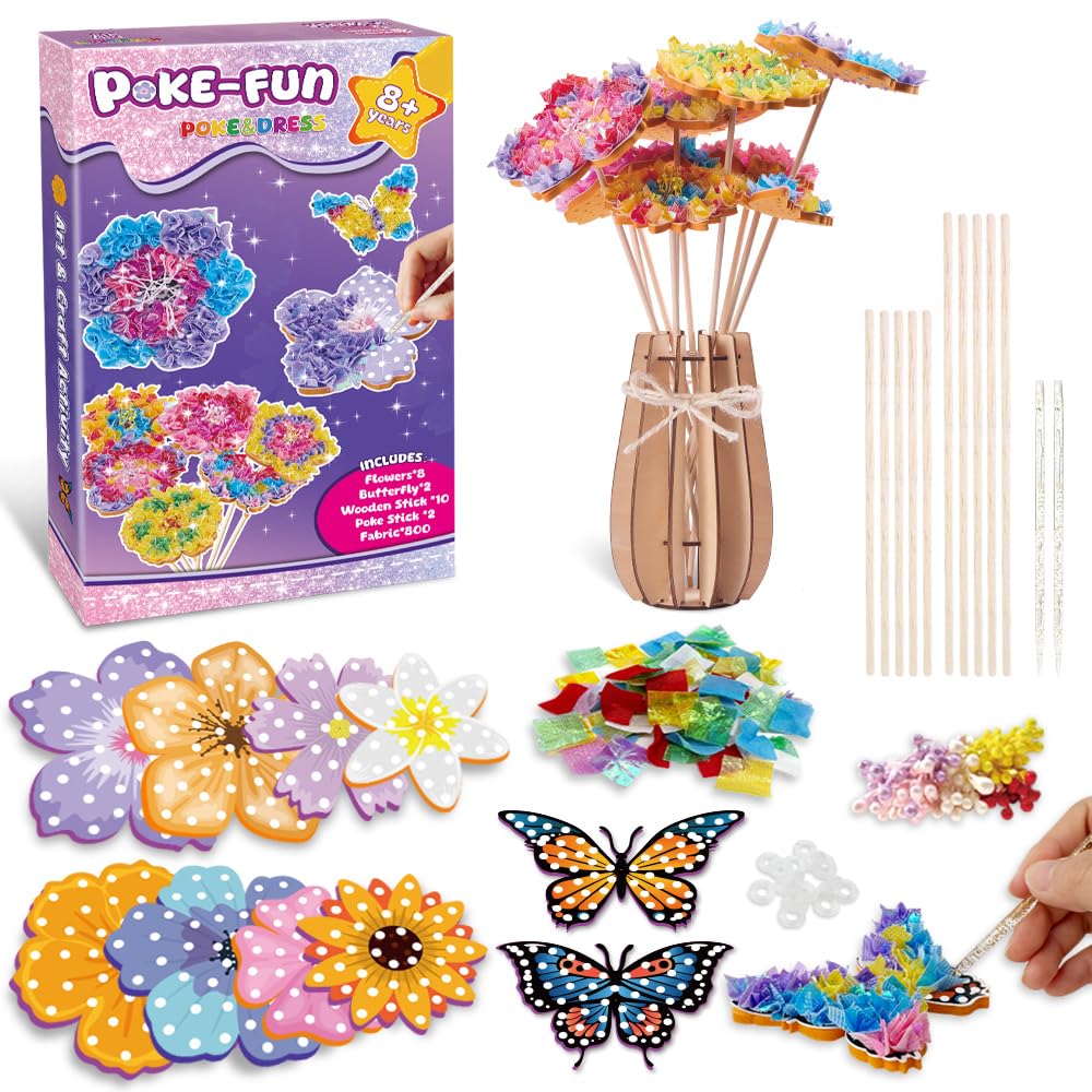 FORESTDREAM Blumen Poke Art Bastelset, DIY Blumenstrauss Basteln mit 8 Blumen und 2 Schmetterlingen,