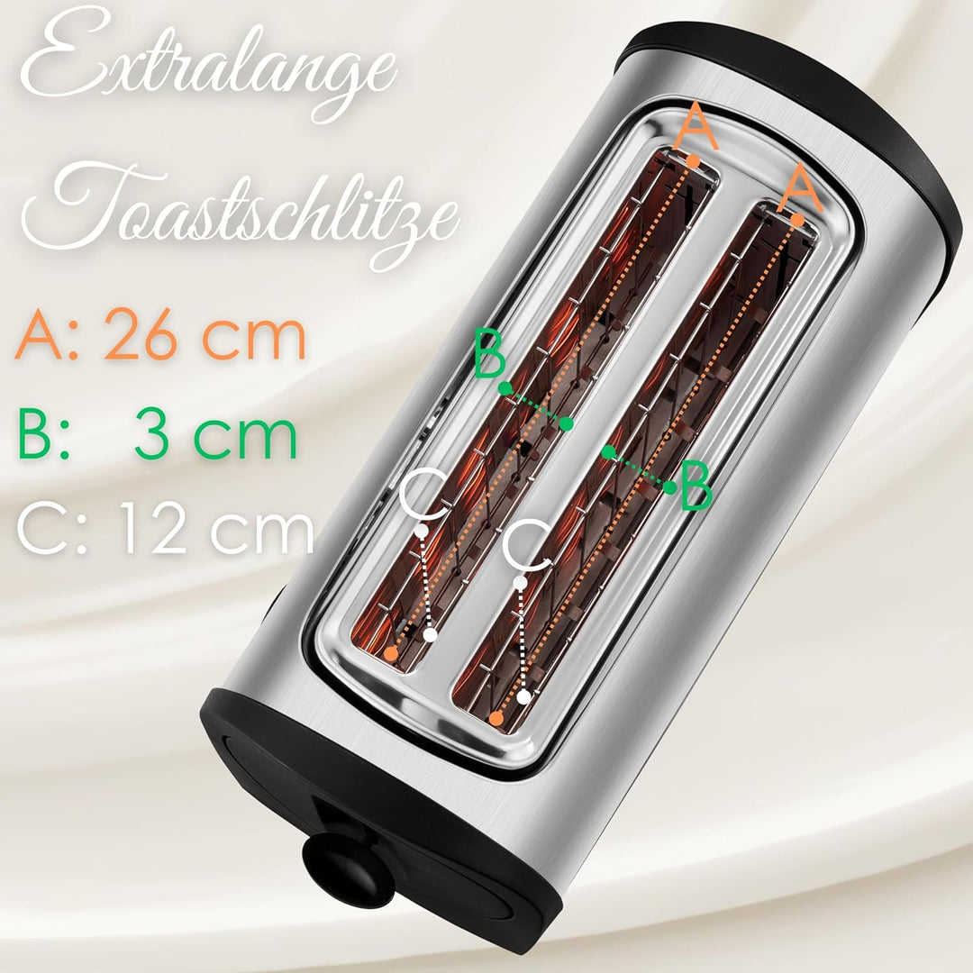 Steinborg Toaster 4 Scheiben mit Brötchenaufsatz XXL Langschlitztoaster Edelstahl Blaue LED Beleucht