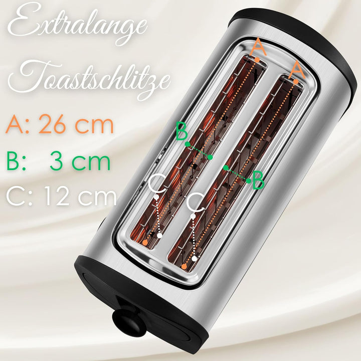 Steinborg Toaster 4 Scheiben mit Brötchenaufsatz XXL Langschlitztoaster Edelstahl Blaue LED Beleucht