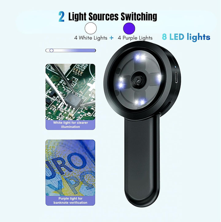 Digitales Lupe 2.0" IPS-Bildschirm 4X Digitale Handlupe mit 8 LED-Leuchten für Erwachsene, 16MP Hand