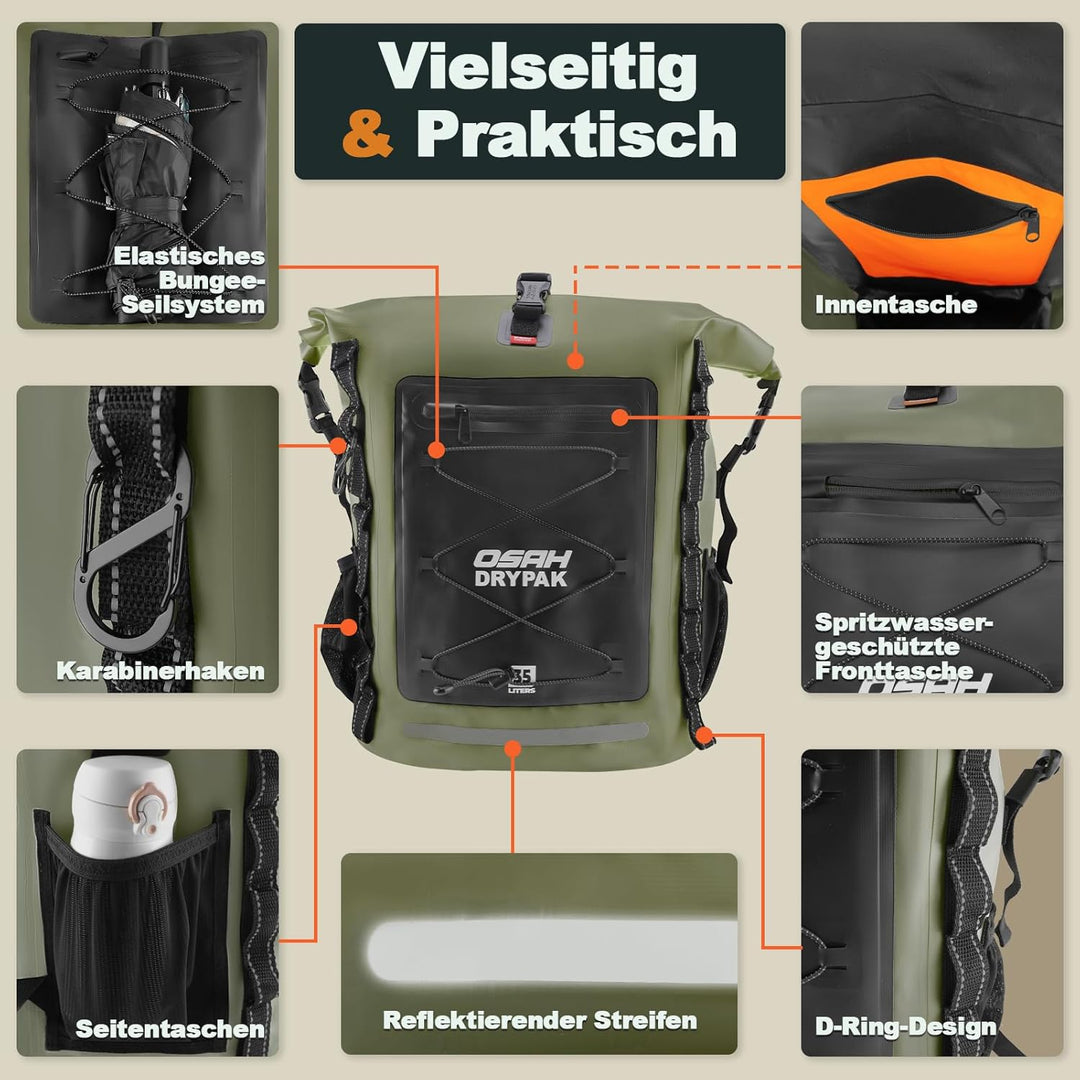 OSAH DRYPAK Wasserdichter Rucksack – 25L/35L/55L/85L Dry Bag Rolltop Outdoor Backpack mit Robustem R