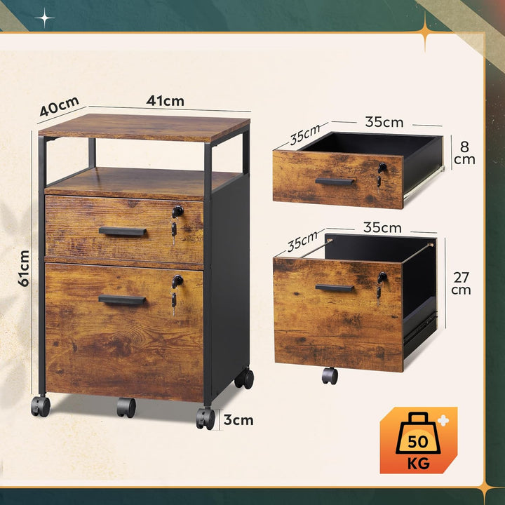 DEVAISE Rollcontainer mit 2 Schubladen und offenen Ablagen, Mobiler Aktenschrank mit Rollen, Drucker