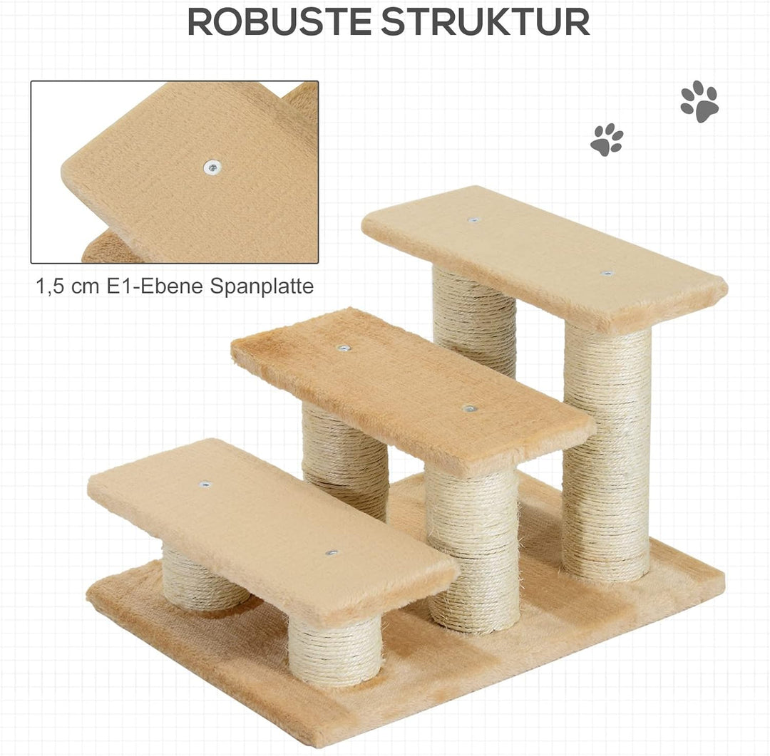 PawHut Tiertreppe Katzentreppe Hundetreppe 3 Stufen Treppe für Katze und Hunde Plüsch Creme 45 x 35