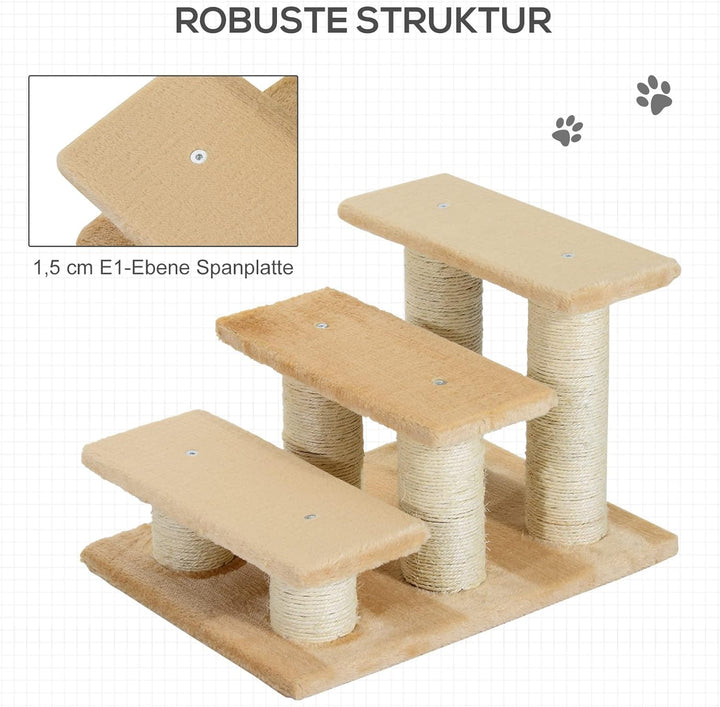 PawHut Tiertreppe Katzentreppe Hundetreppe 3 Stufen Treppe für Katze und Hunde Plüsch Creme 45 x 35