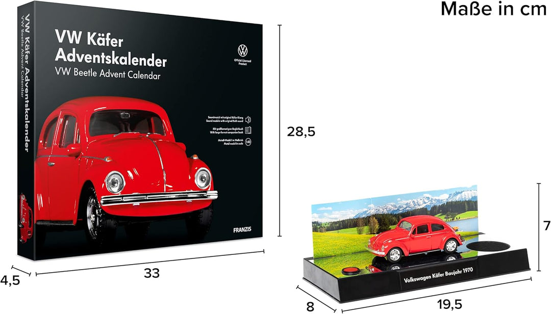 FRANZIS 55255 - VW Käfer Adventskalender rot, Metall Modellbausatz im Massstab 1:43, inkl. Soundmodu