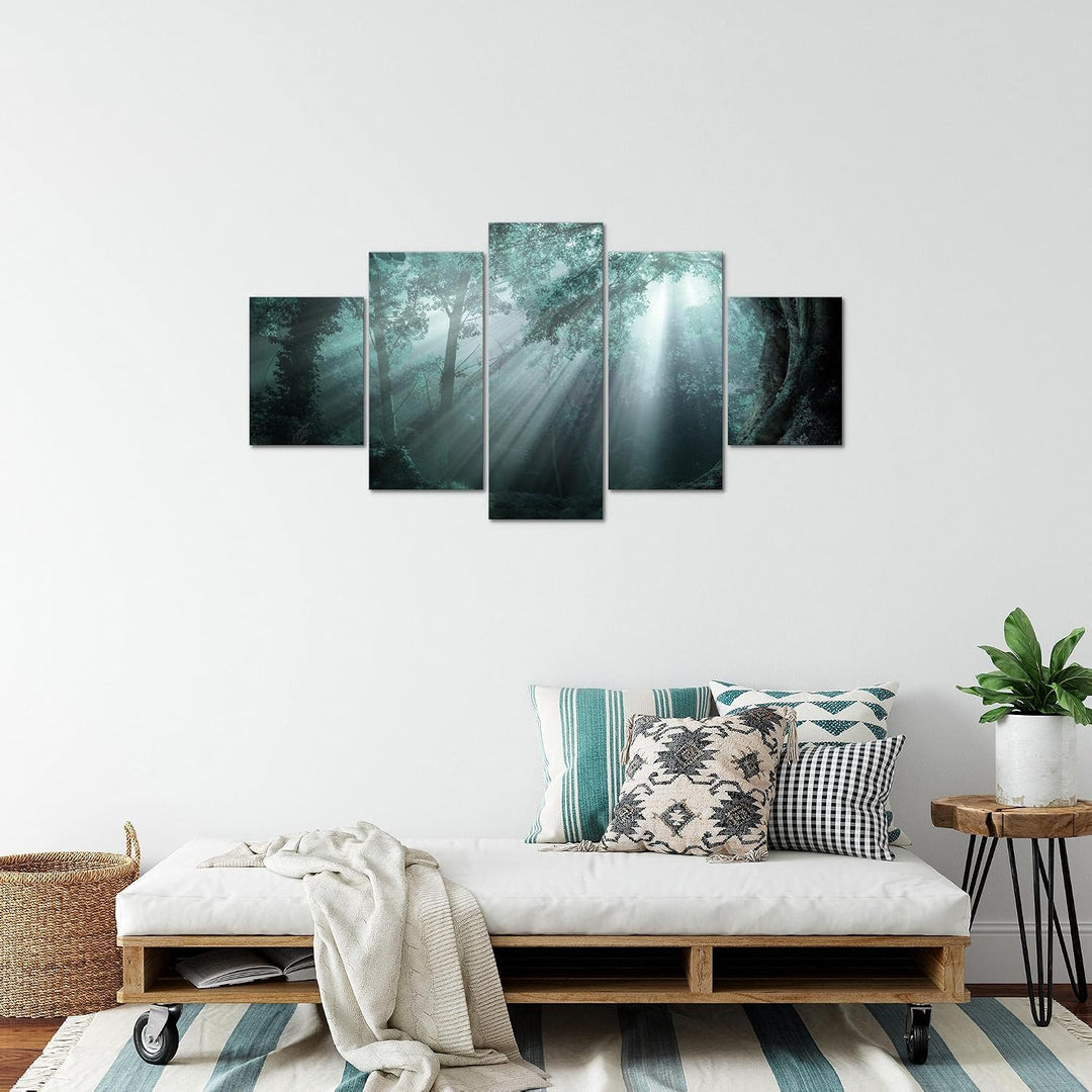 Runa Art Bild Schlafzimmer Wohnzimmer Wald Landschaft 5 Teilig Sonne Blau Wandbilder auf Vlies Leinw