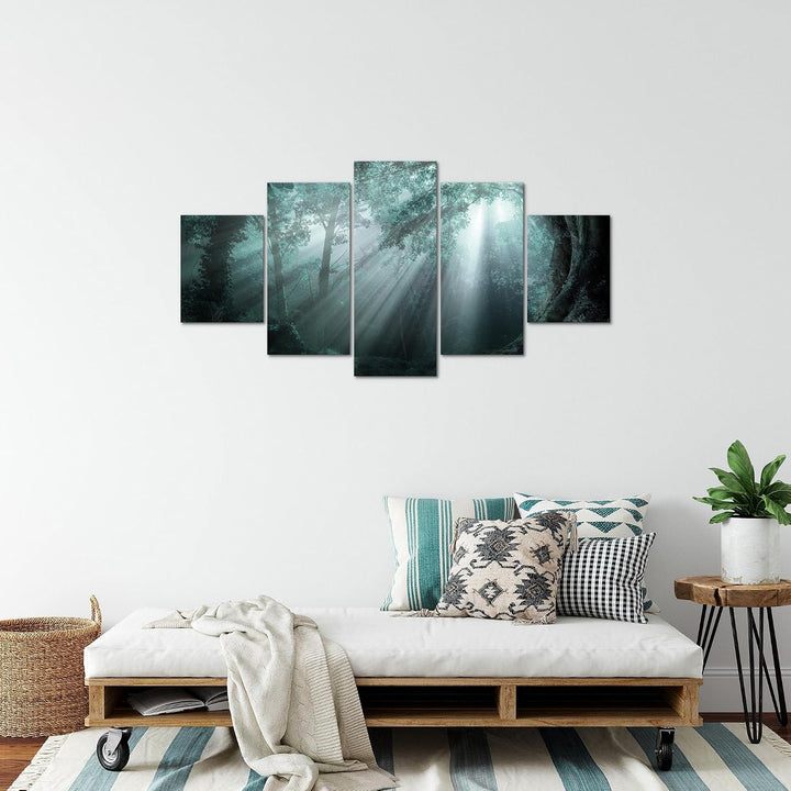 Runa Art Bild Schlafzimmer Wohnzimmer Wald Landschaft 5 Teilig Sonne Blau Wandbilder auf Vlies Leinw