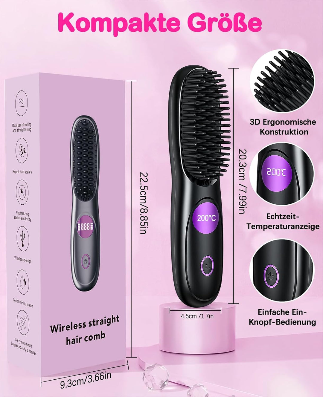 Stylingbürste für Kurze Haare, Glättbürste Kabellos, Wiederaufladbare Haarglätter Bürste mit LED-Anz