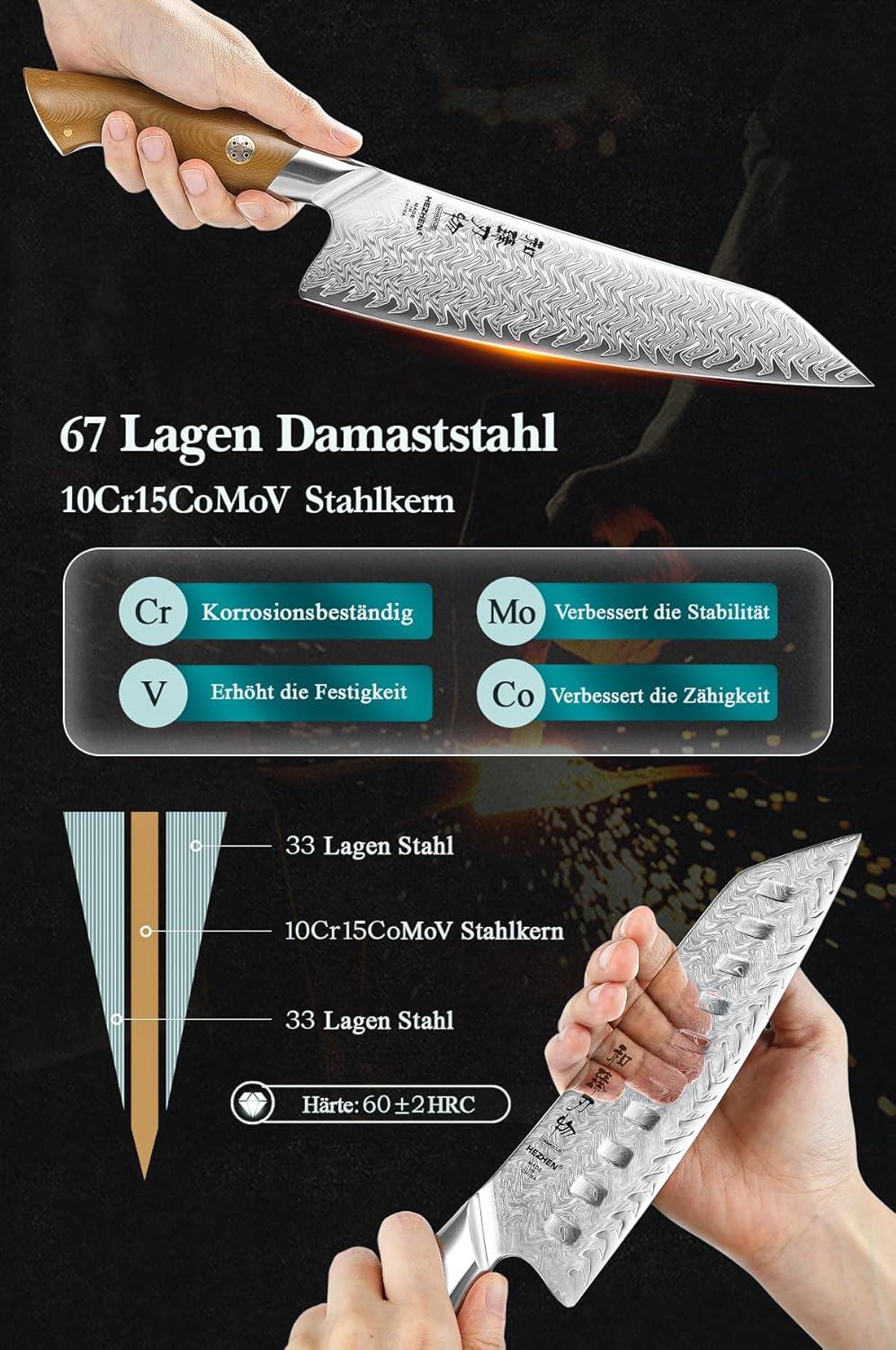 HEZHEN Messerset Profi Damast Küchenmesserset,Damaststahl Kochmesser Set Santoku Messer, Ergonomisch