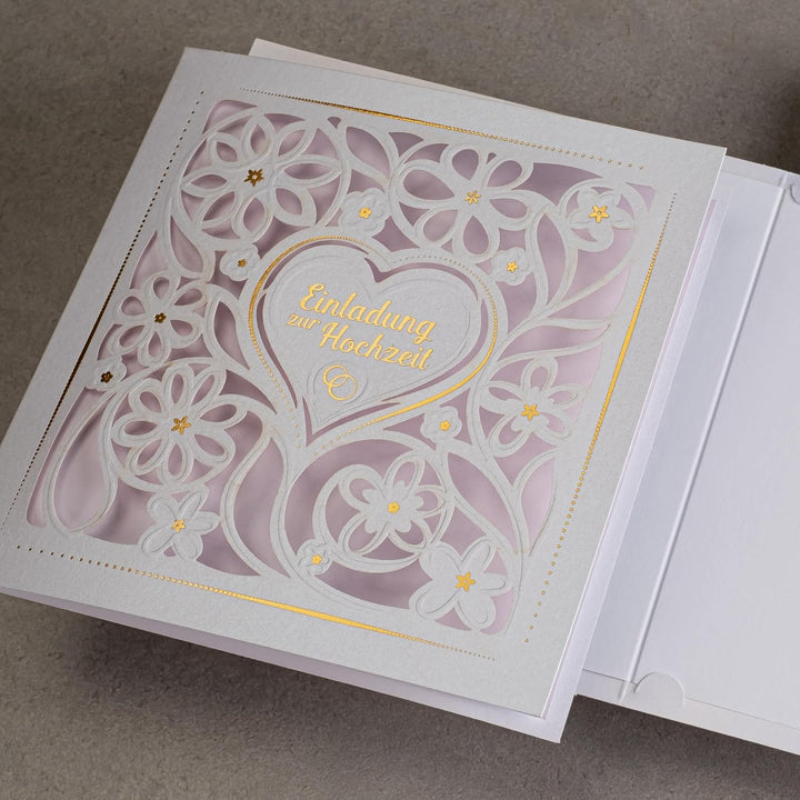 ART NUVO HOCHZEITSEINLADUNGEN - 20 St. 135x135mm, MIT BEDRUCKBAREN EINLAGEN UND UM-SCHLÄGEN FÜR HOCH