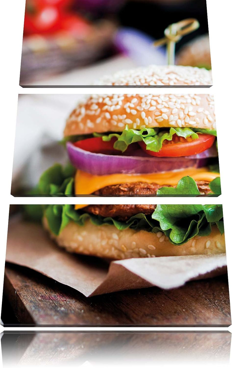 Pixxprint Burger und Pommes als Leinwandbild/Grösse: 3 Teilig (120x80) cm/Wandbild/Kunstdruck/fertig