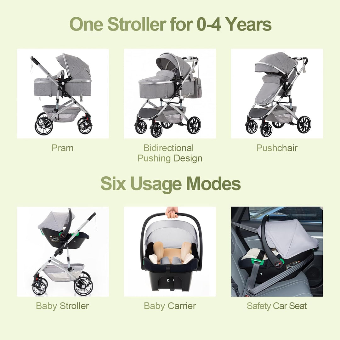 Gcarebb 3 in 1 Kinderwagen, Buggy Mit Auto Babyschale, Mit Einem Klick Zusammenklappbarer Tragbarer