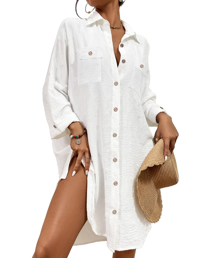 Bsubseach Frauen Badeanzug Coverup Shirt Kleid Button Down Badeanzug Cover Up Beachwear, B-wei&amp;