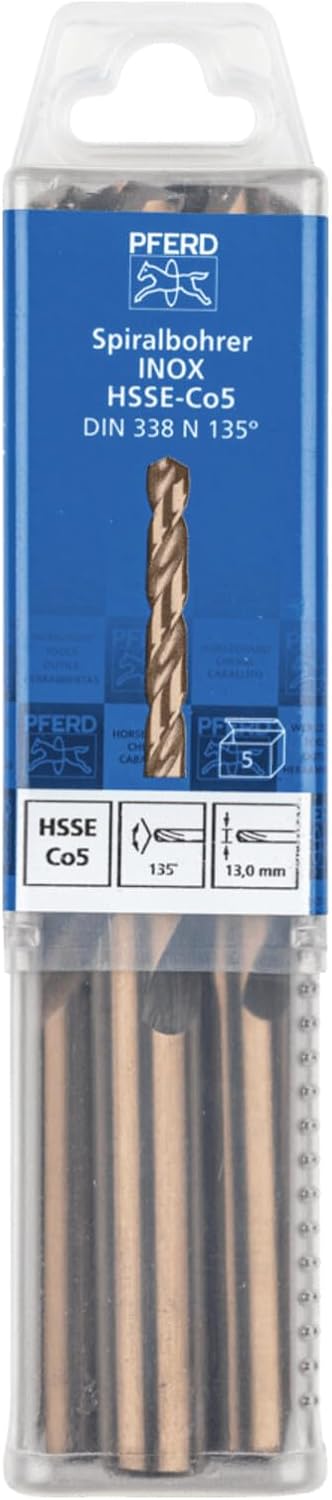 PFERD Spiralbohrer INOX, 5 Stück | Ø 13 mm, HSS-E Co5 N, DIN 338, 135° | 25203585 - für zähe und har