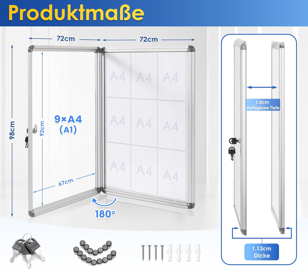 Swansea Schaukasten Abschliessbar 9XA4, Infokasten Plakatschaukasten Magnetisch Innen, Stabiler Alu