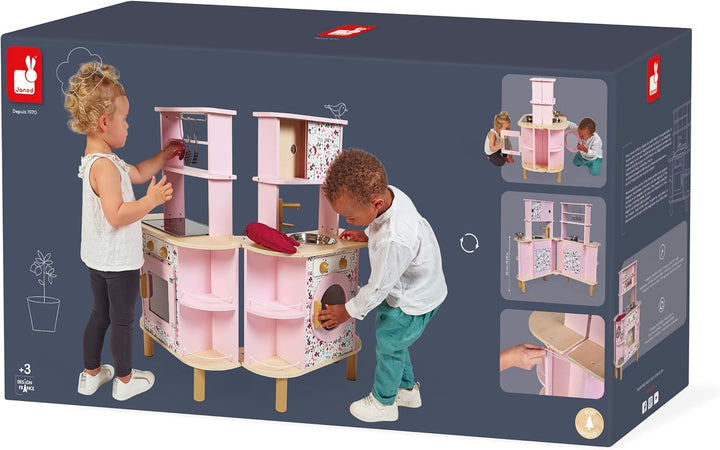 Janod - Twist Kinderküche aus Holz - Doppelseitige Küche - Mit 8 Utensilien - Ofen, Drehknöpfe, Koch